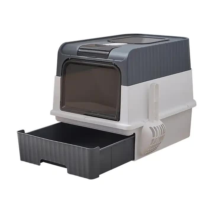 Cat Litter Box with Drawer and Scoop - Odor Control, Large