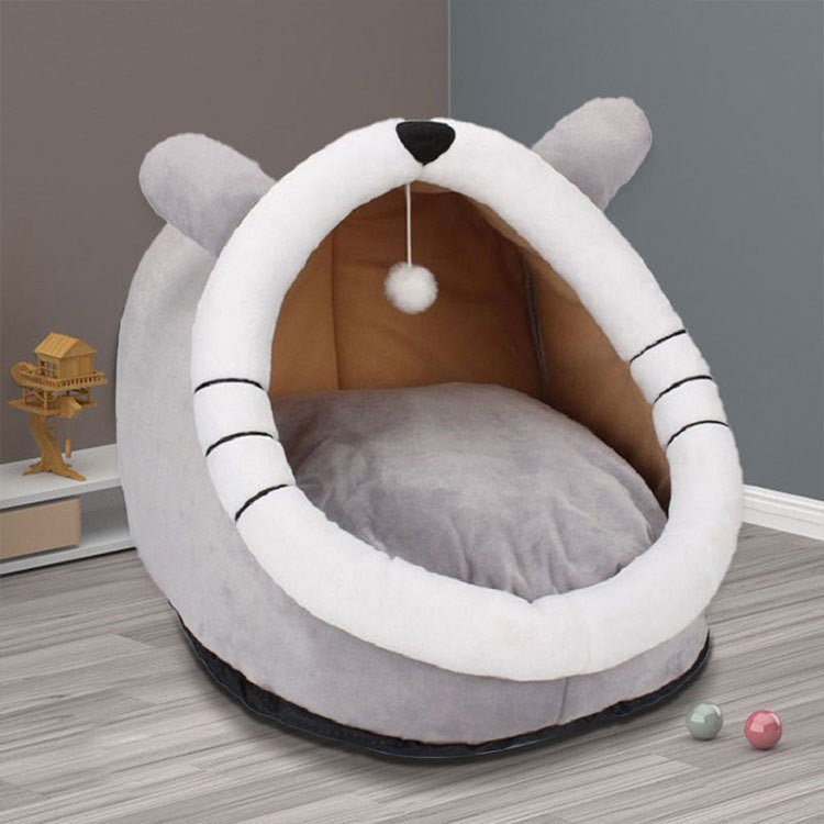 Grey Totoro Half-Enclosed Cat Bed - Soft Short Velvet Fabric with Sponge + PP Cotton Filling, S Size (28x28x30cm)