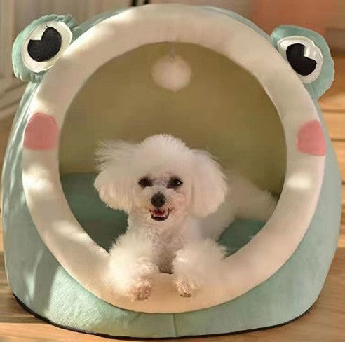 Green Frog Half-Enclosed Cat Bed - Soft, Short Velvet Fabric with Sponge + PP Cotton Fill, S