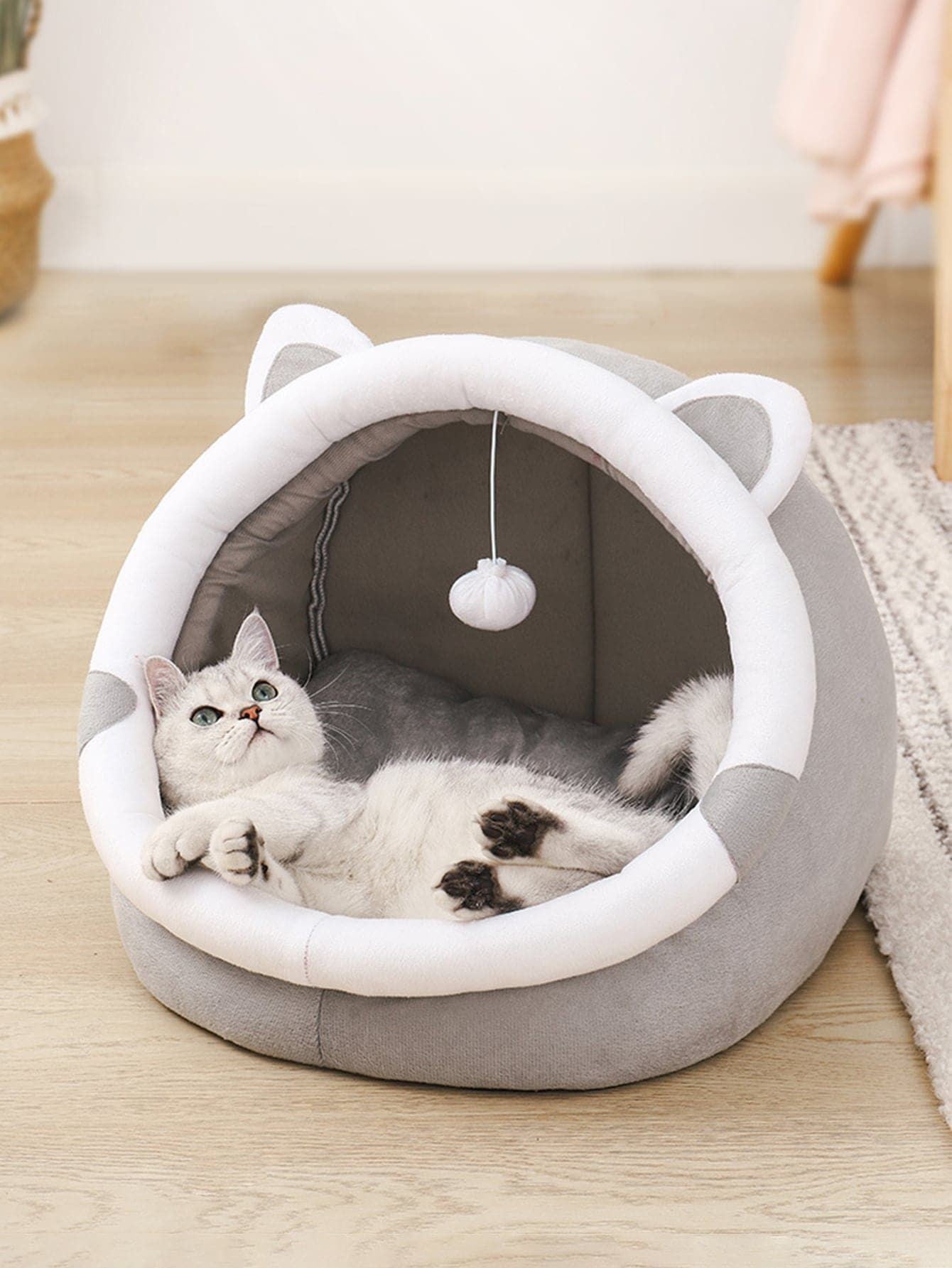 Light Grey half enclosed cat bed - Soft Velvet Fabric with Sponge + PP Cotton Filling - S