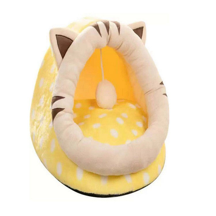Half-Enclosed Cat Bed - Soft Short Velvet with Sponge + PP Cotton Filling, S (Yellow)