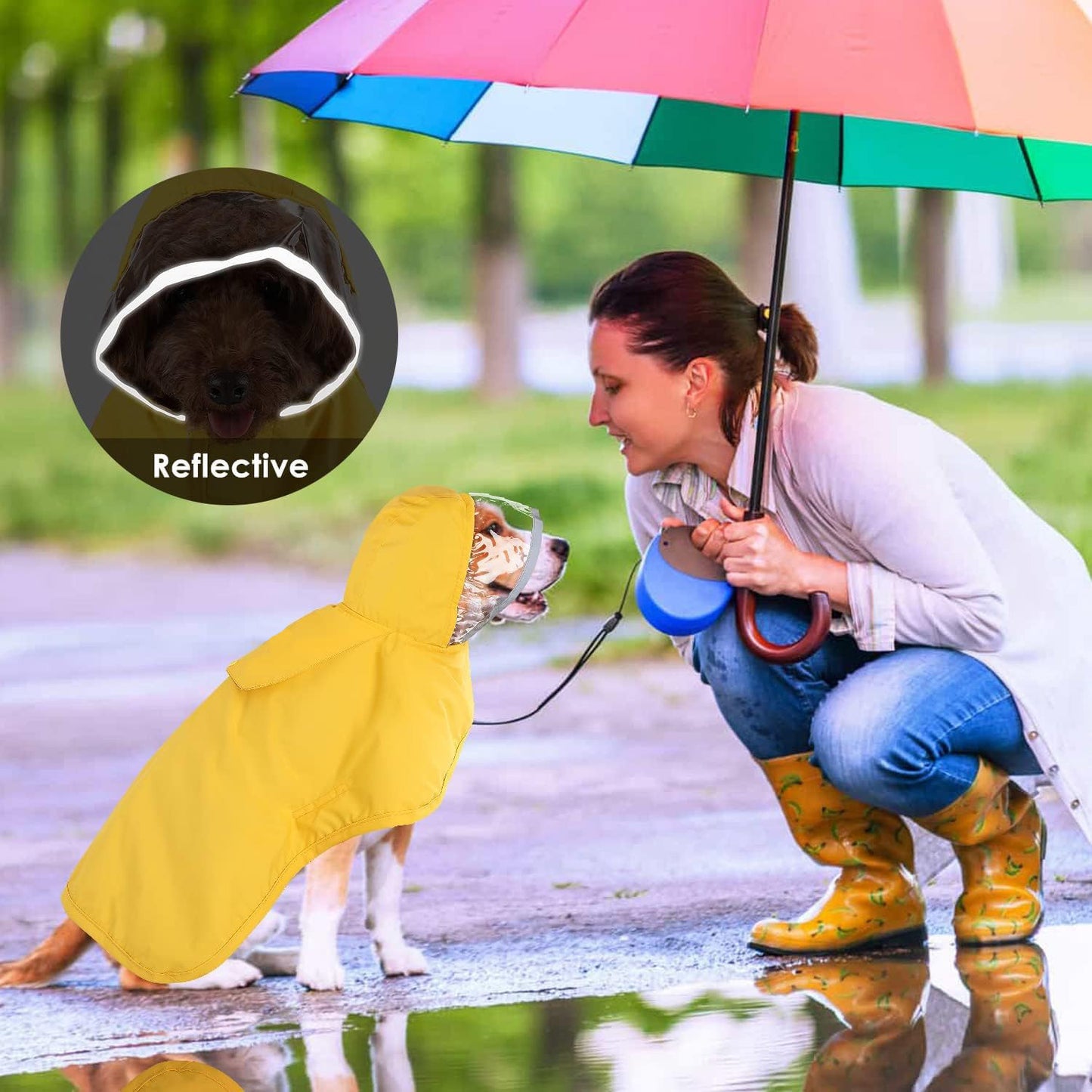 M Yellow Reflective Pet Raincoat with Hood - Waterproof Dog Jacket