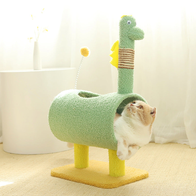 Green Dinosaur-Theme Cat Tree with Tunnel - Cat Scratching Post and Playhouse