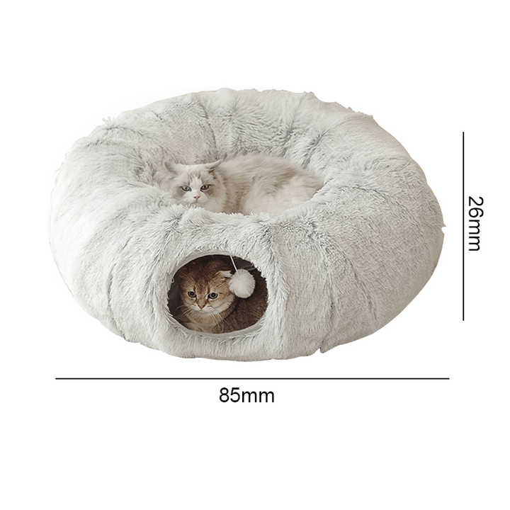 Grey Luxury Plush Cat Bed with Hidden Tunnel - Soft Pet Bed for Cats and Small Dogs