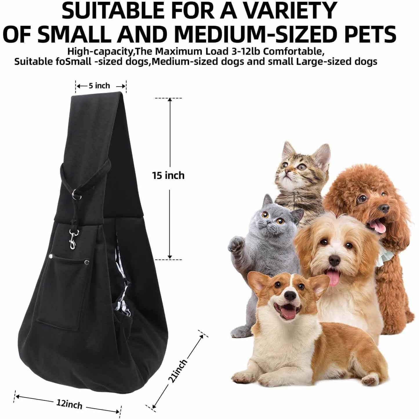 Black Pet Carrier Backpack - Adjustable Shoulder Sling, for Small Dogs & Cats