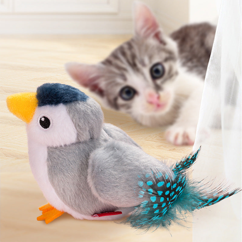 Plush Cat Toy - Lifelike Bird, Chirping, Purple Grey