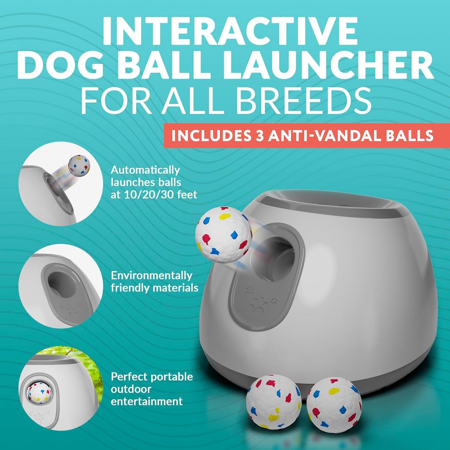 Dog Ball Launcher, Automatic, Adjustable Distance - Includes 3 Durable Balls