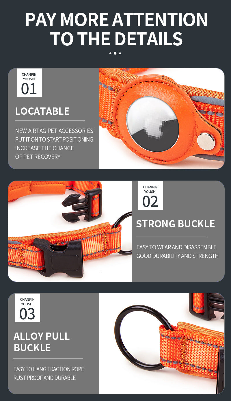 Pet Collar, Black, Anti-Lost, Reflective, Adjustable (For Apple AirTag)