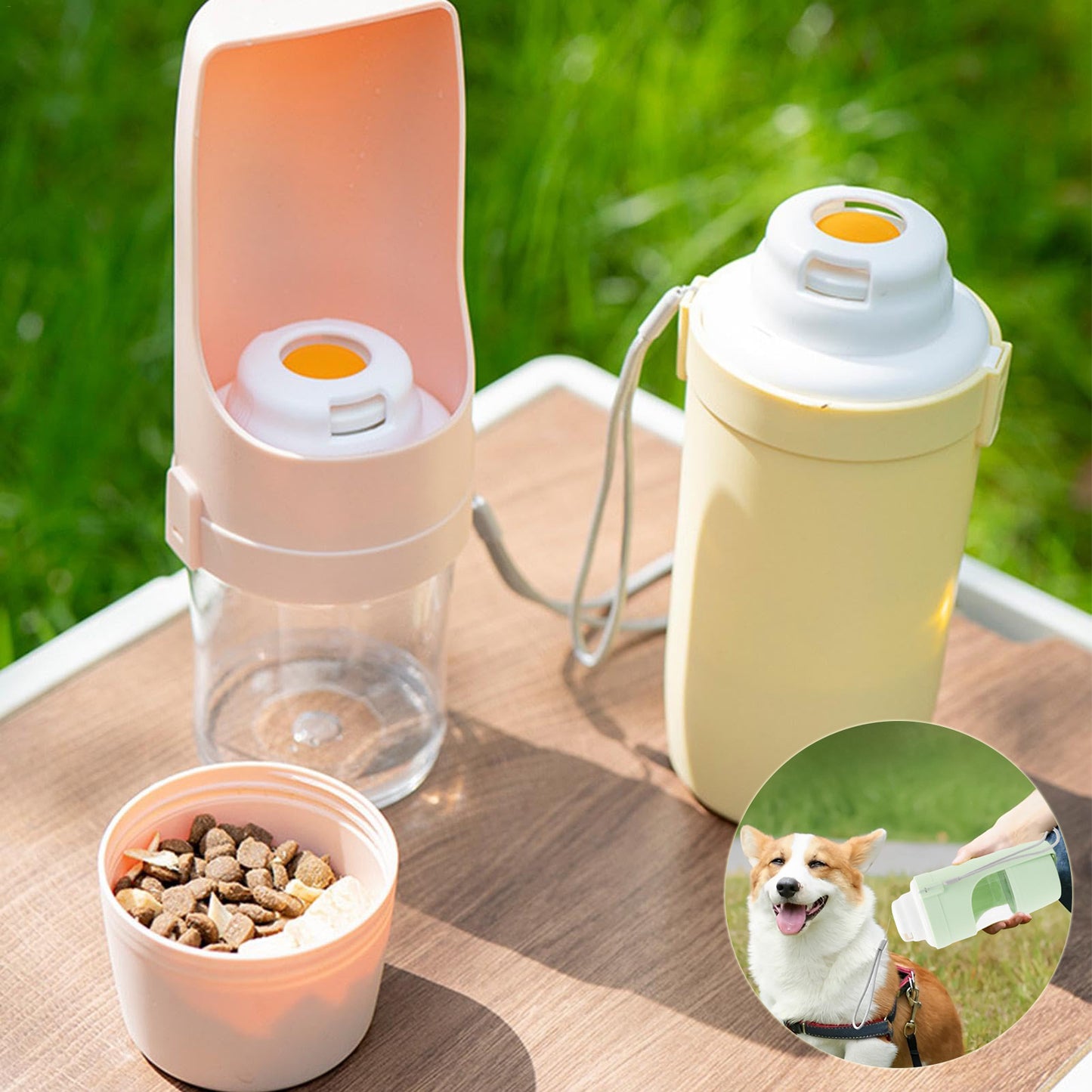 2 In 1 Dog Water Bottle with Lanyard, Pet Water Dispenser, Food/Drink