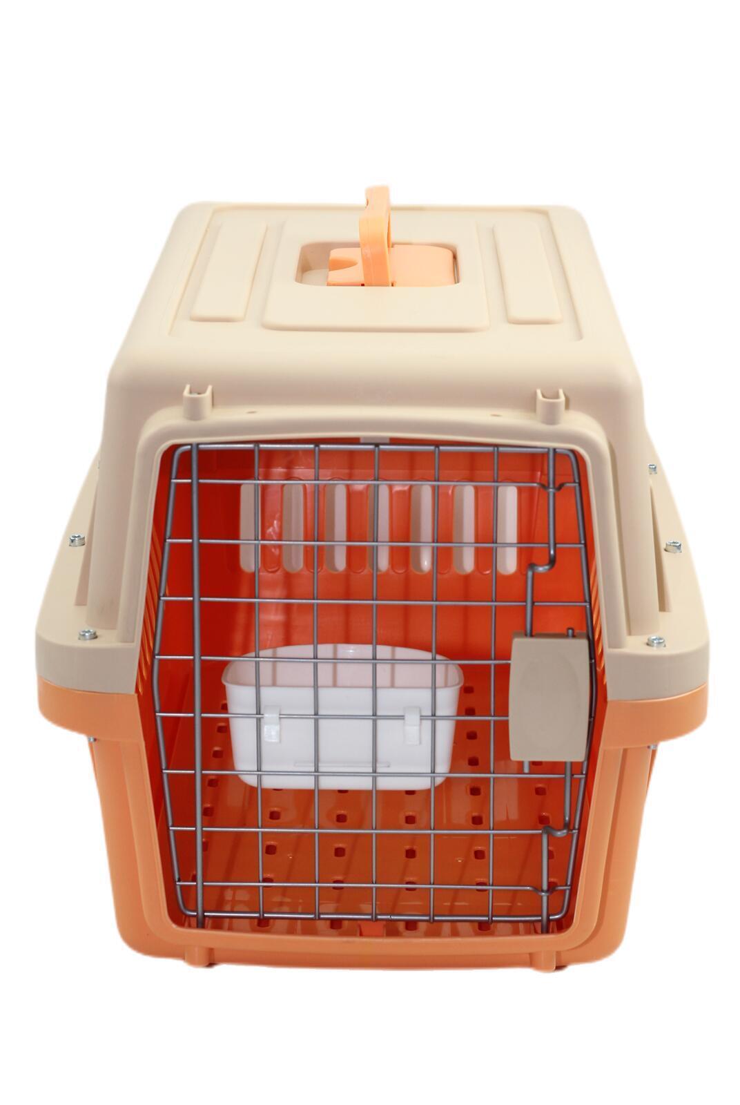 Small Dog/Cat Crate, Pet Airline Carrier, fixed bowl and tray-Orange