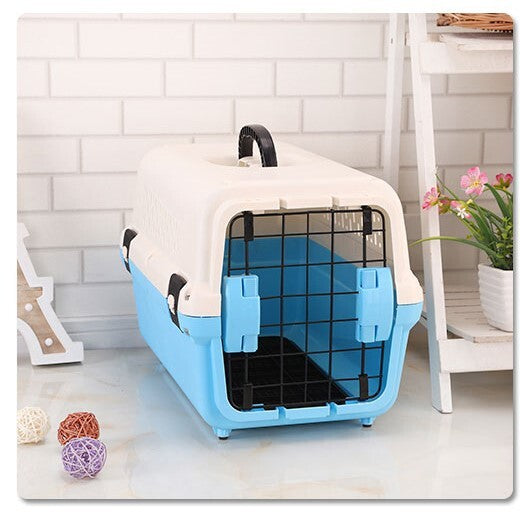 Small Portable Plastic Dog Cat Pet Pets Carrier Travel Cage With Tray-Blue