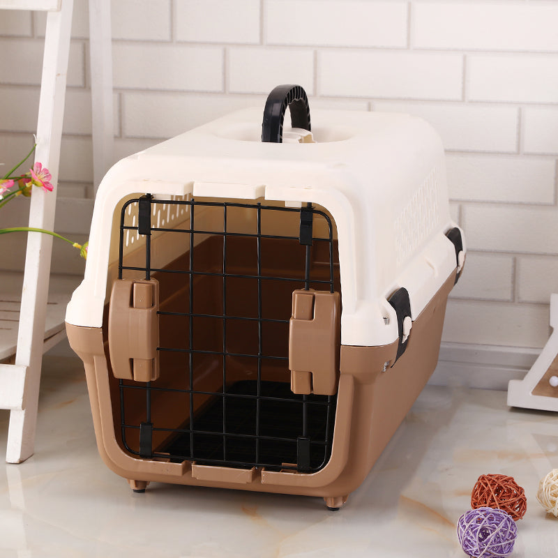 Medium Portable Plastic Dog/Cat Pet Carrier, Travel Crate With Tray-Brown