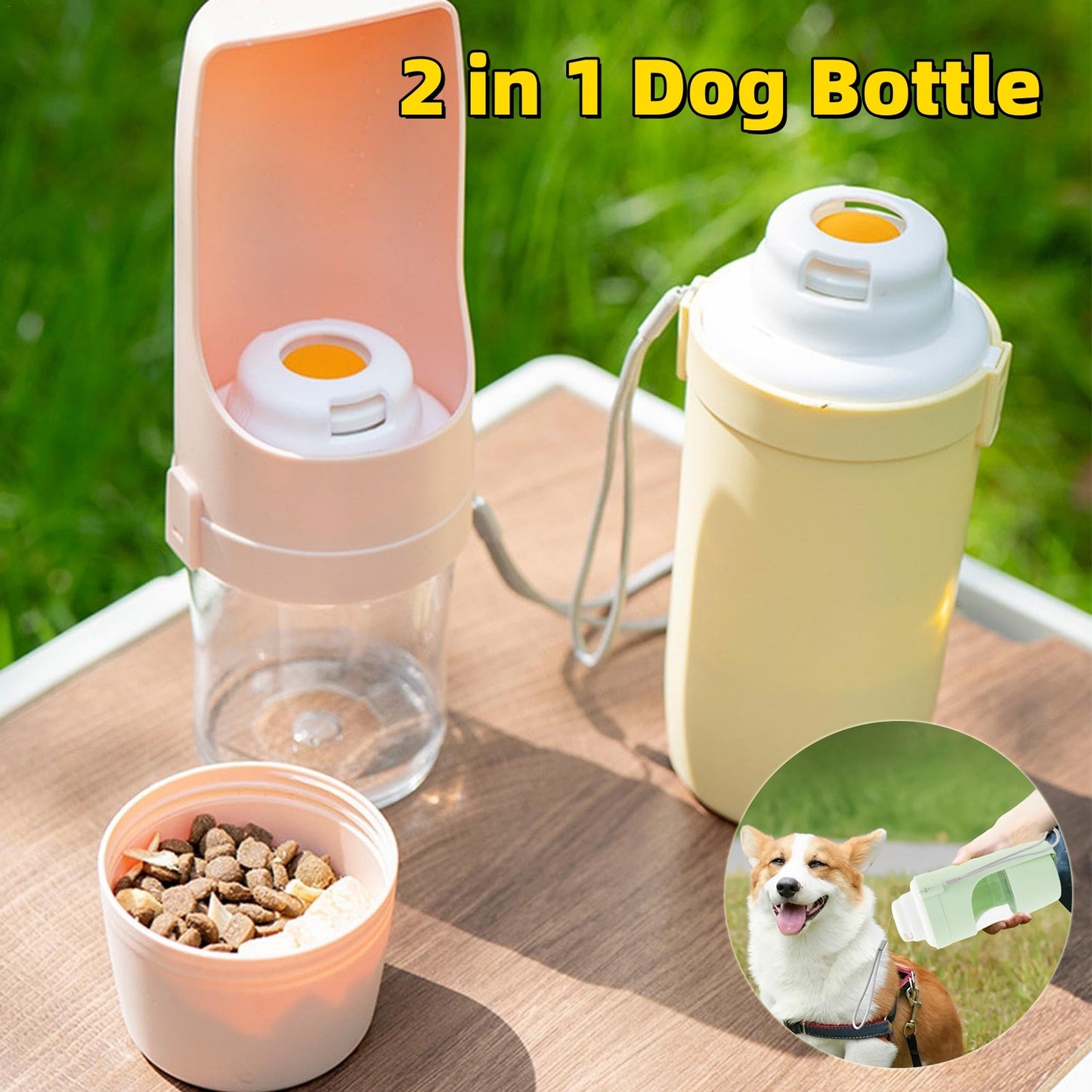 2 In 1 Dog Water Bottle with Lanyard, Pet Water Dispenser, Food/Drink