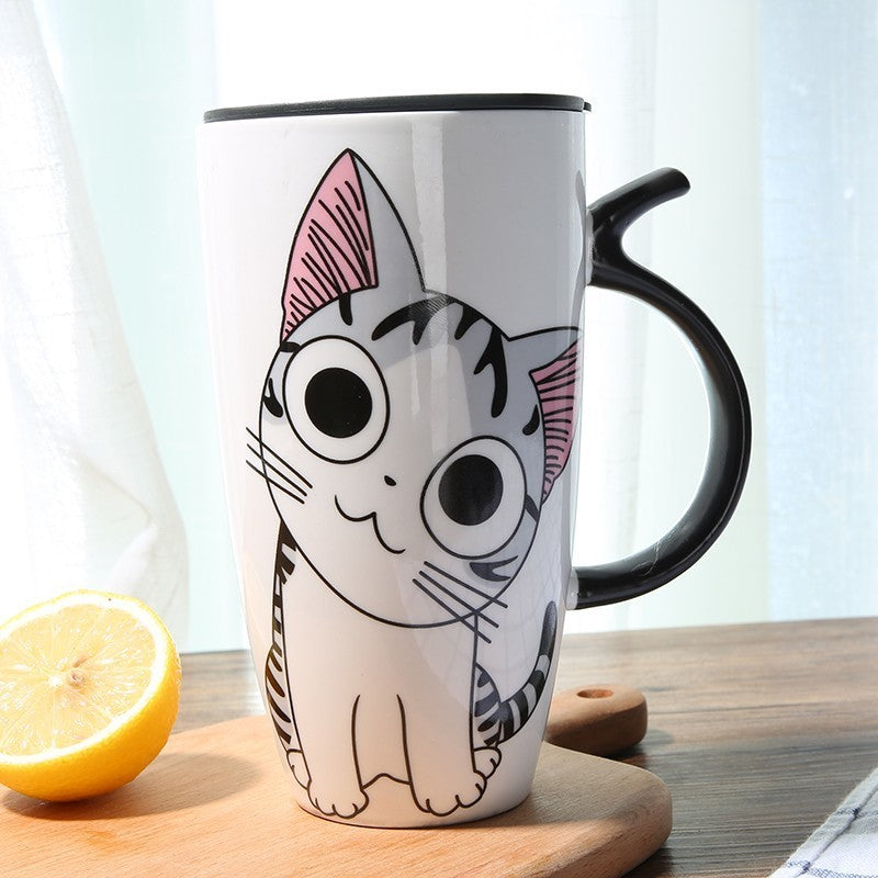 Cute Cat Ceramics Coffee Mug With Lid, 600ml
