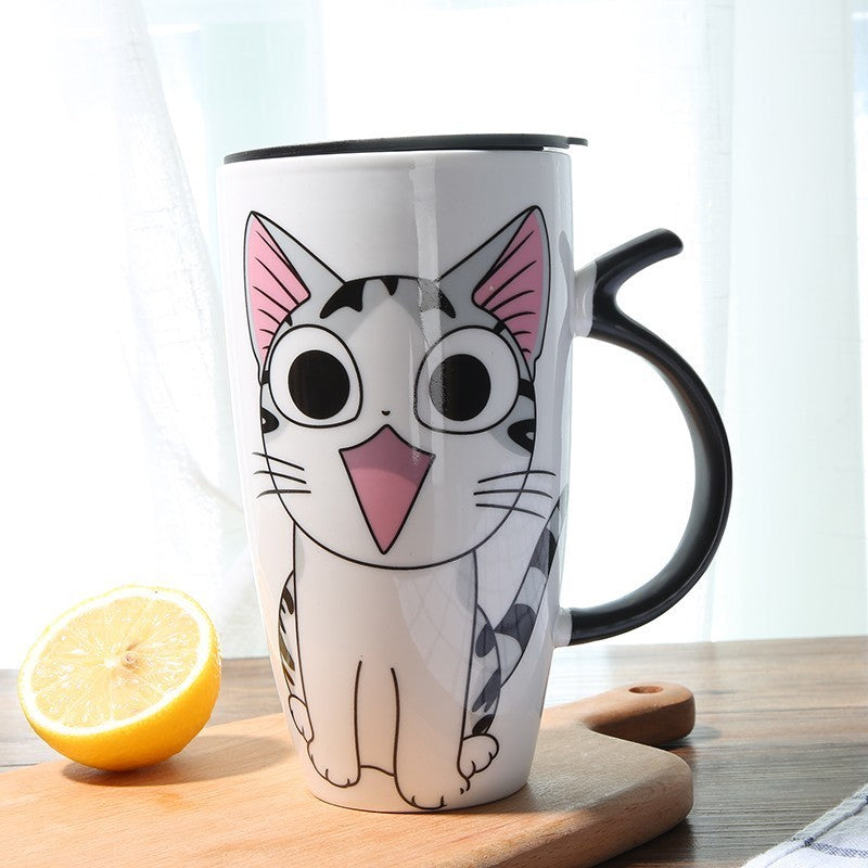 Cute Cat Ceramics Coffee Mug With Lid, 600ml