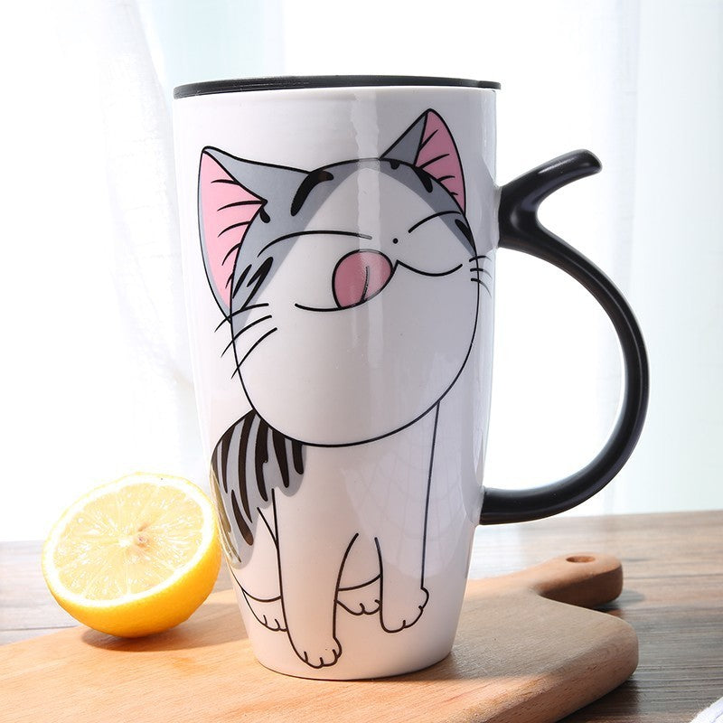 Cute Cat Ceramics Coffee Mug With Lid, 600ml