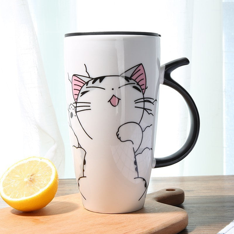 Cute Cat Ceramics Coffee Mug With Lid, 600ml
