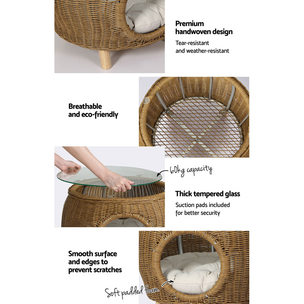 Gardeon Coffee Table, Wicker/Aluminium, Cat/Pet Bed Underneath