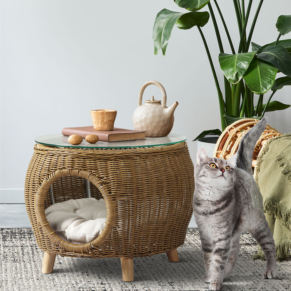 Gardeon Coffee Table, Wicker/Aluminium, Cat/Pet Bed Underneath