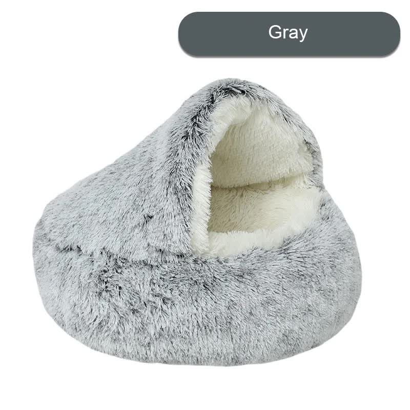 Cozy Grey Plush Hooded Pet Bed - Ultra Soft Long Fur Cave Bed for Small Pets 40cm