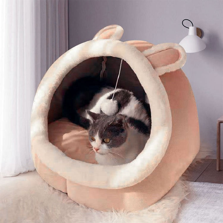 Pink Half-Enclosed Cat Bed - Soft Velvet Fabric with Sponge, M Size (35x35x30cm)