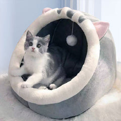 Grey Half-Enclosed Cat Bed - Soft Velvet Fabric with Sponge + PP Cotton Filling, S