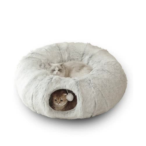 Grey Luxury Plush Cat Bed with Hidden Tunnel - Soft Pet Bed for Cats and Small Dogs