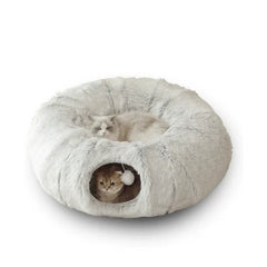 Grey Luxury Plush Cat Bed with Hidden Tunnel - Soft Pet Bed for Cats and Small Dogs