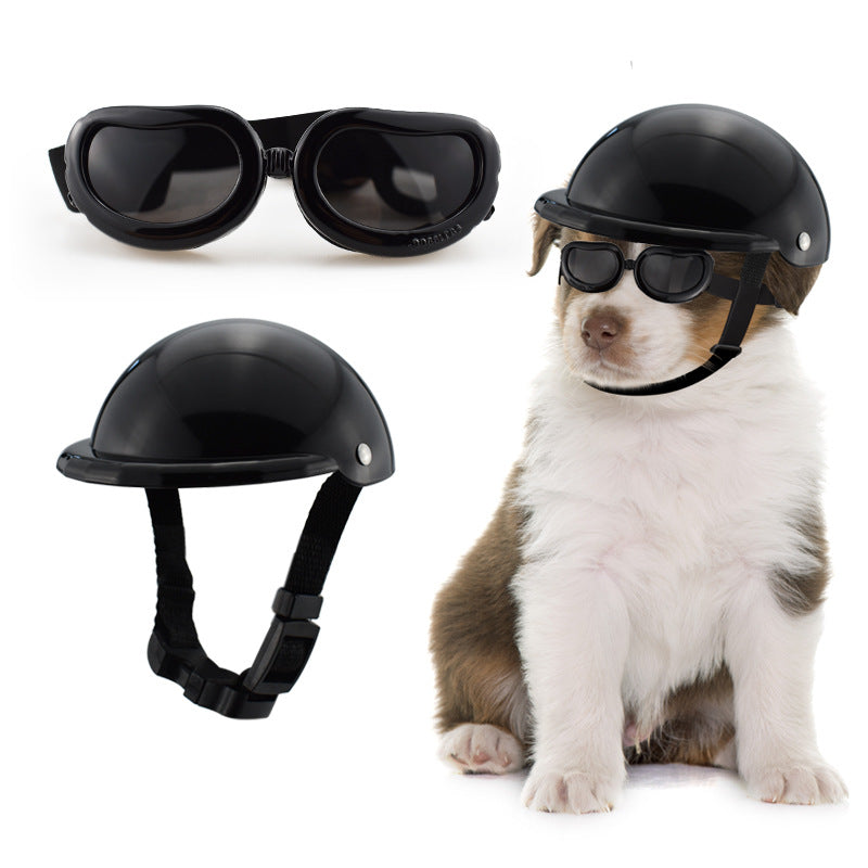 Size L Black Pet Helmet & Goggles Set - Adjustable Safety Gear for Dogs, UV Protection