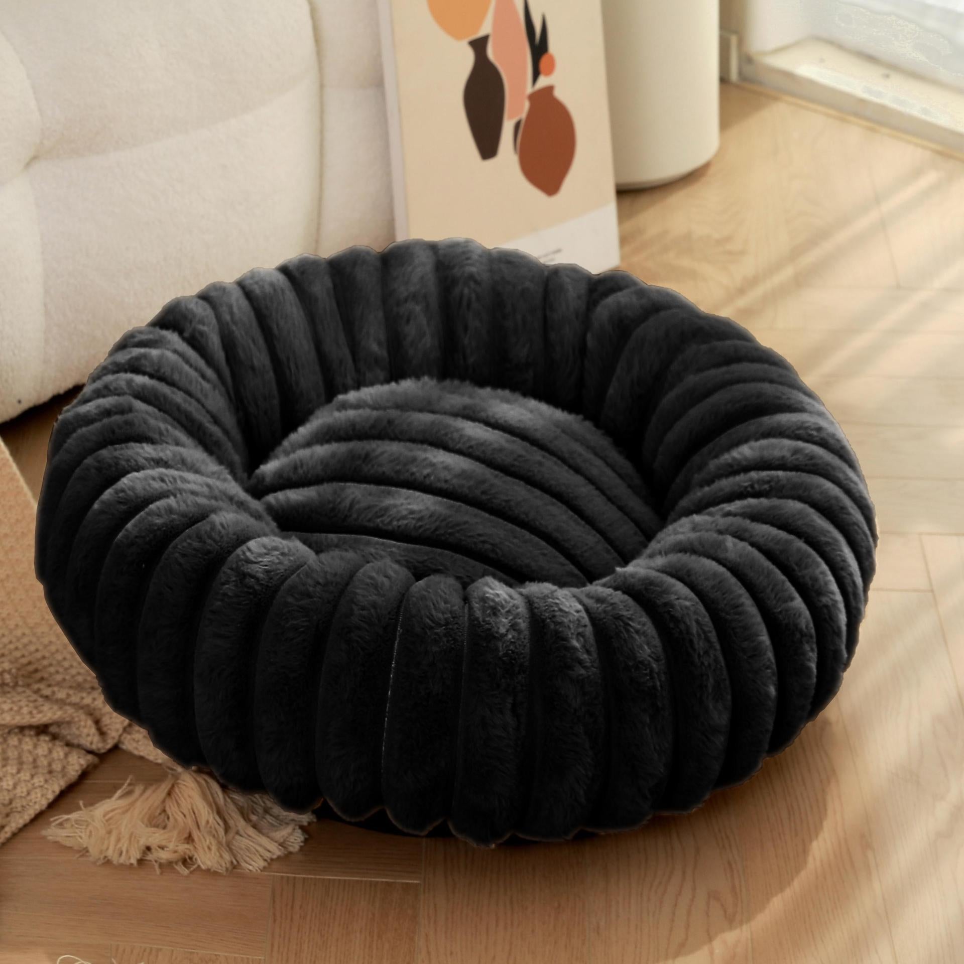Black Plush Pet Bed - 40cm Round Dog & Cat Mat