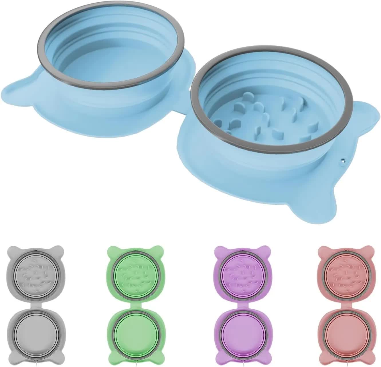 Portable Collapsible Pet Bowl Set - Food-Grade Silicone Double Bowl for Dogs & Cats