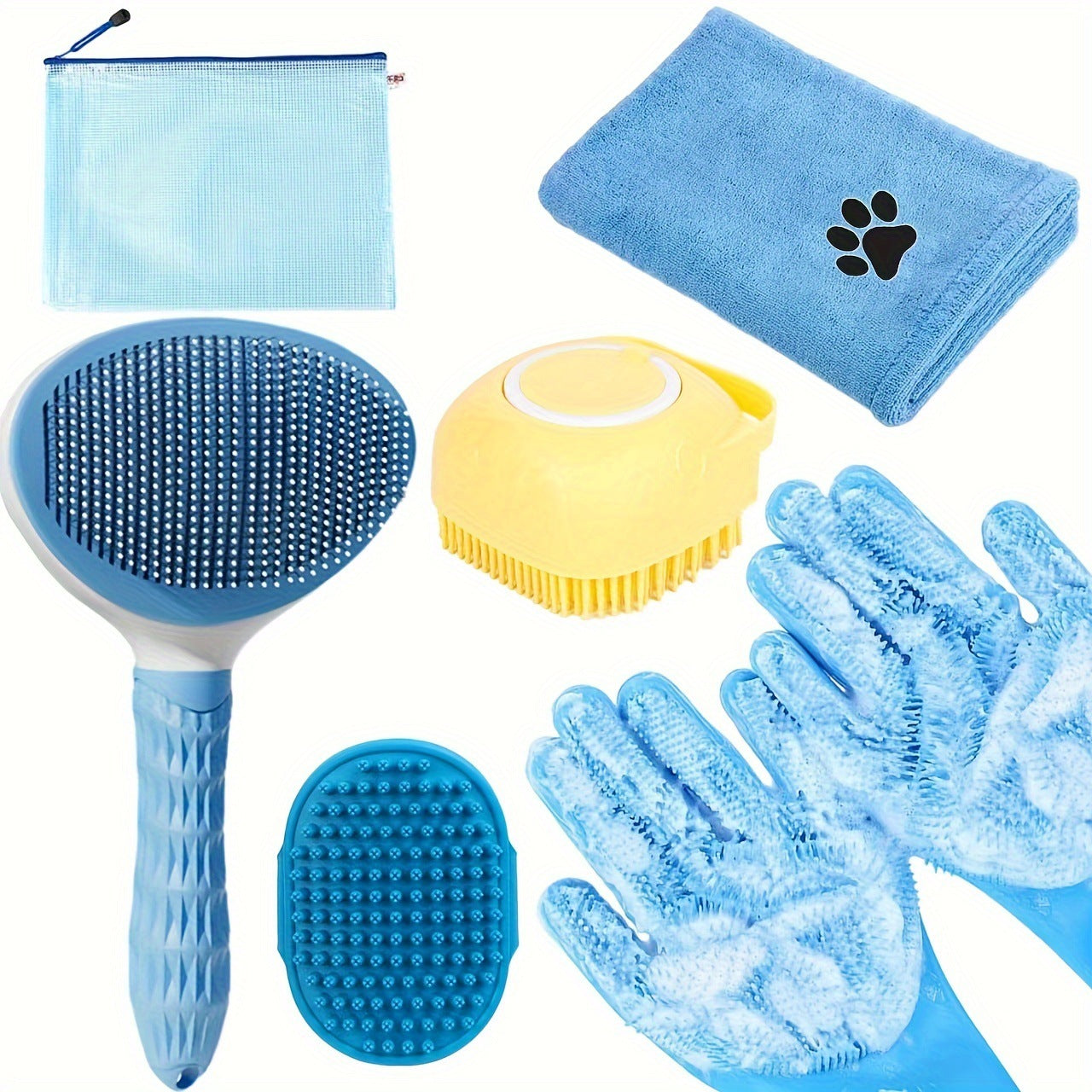 Blue 6-Piece Dog Grooming Bath Set - Microfibre Towels & Wash Mitts