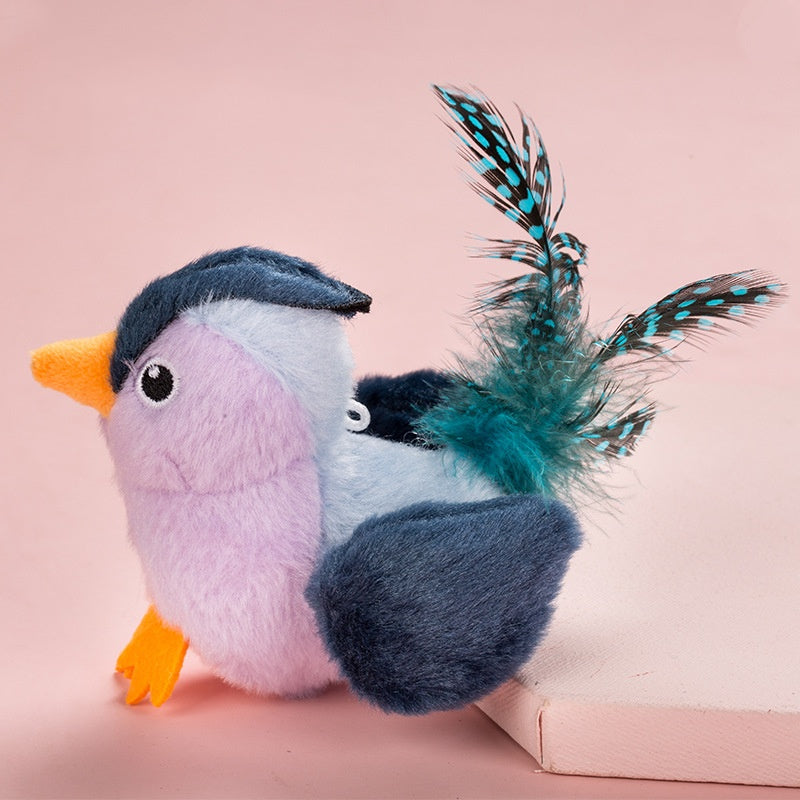 Plush Cat Toy - Lifelike Bird, Chirping, Purple Grey
