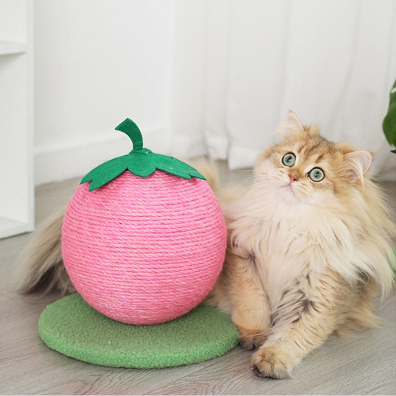 Pink Strawberry And Green Base Fun Fruit Shaped Sisal Cat Scratcher Ball - Durable