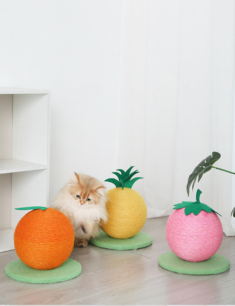 Pink Strawberry And Green Base Fun Fruit Shaped Sisal Cat Scratcher Ball - Durable