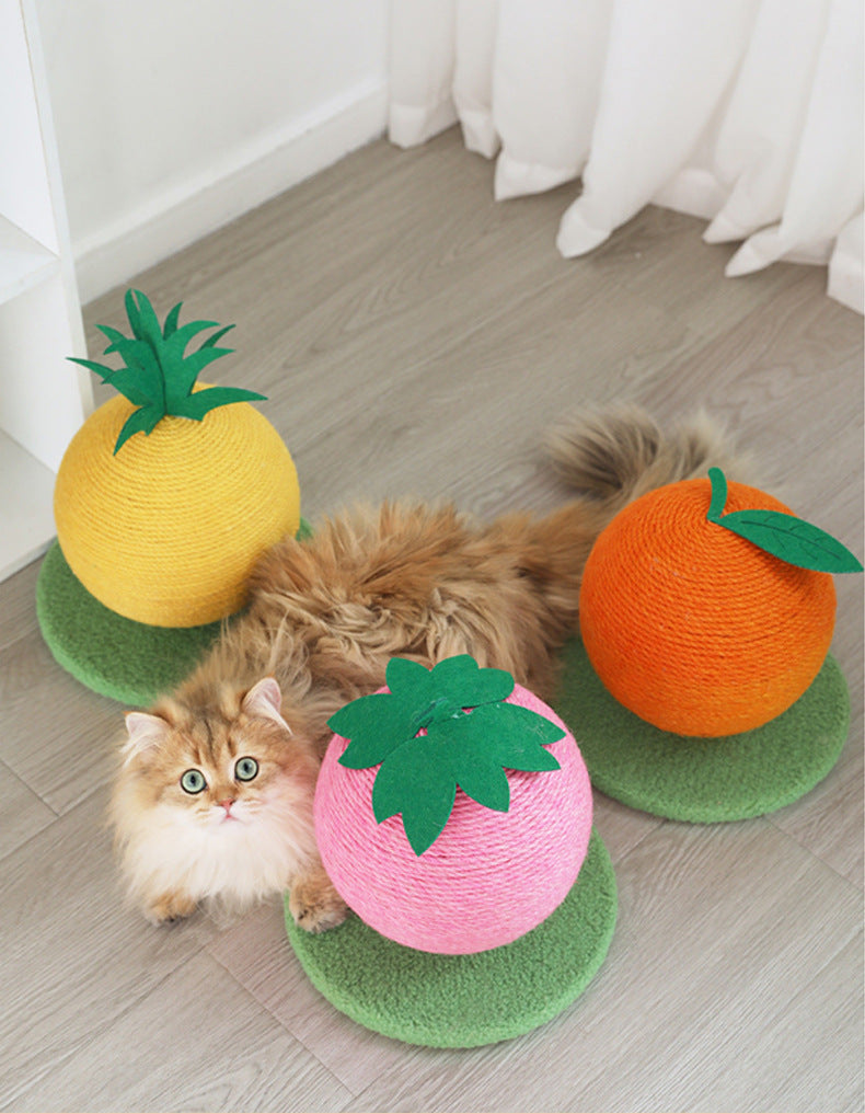 Pink Strawberry And Green Base Fun Fruit Shaped Sisal Cat Scratcher Ball - Durable