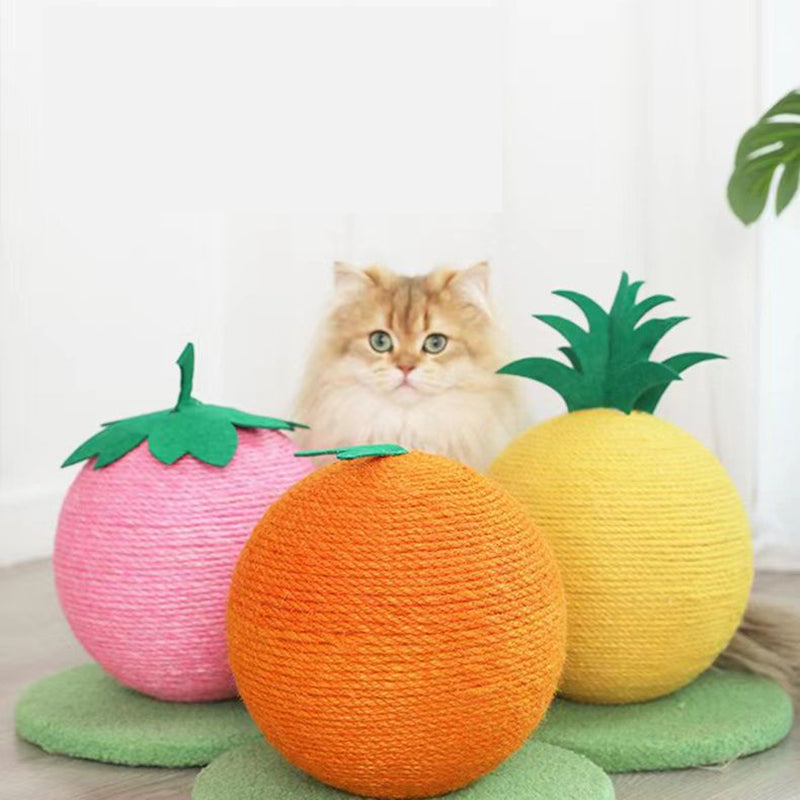 Pink Strawberry And Green Base Fun Fruit Shaped Sisal Cat Scratcher Ball - Durable
