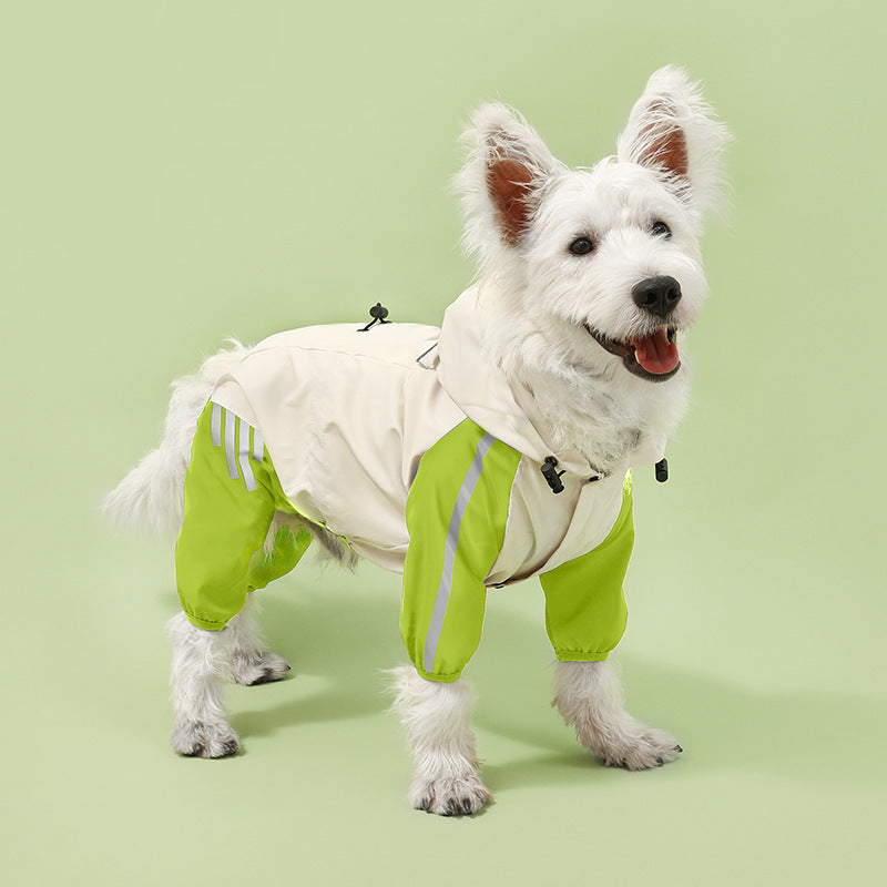 White/Green Dog Raincoat - Waterproof and Reflective Strips (Size S)