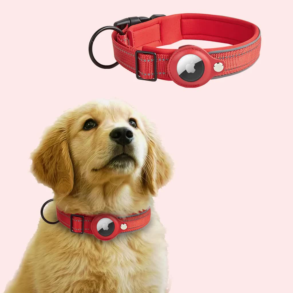 Pet Collar, M, Red, Reflective, Adjustable Anti-Lost  (For Apple Air-Tag)