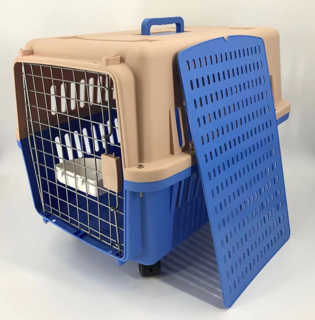 Blue Large Puppy, Cat Travel Crate, With Tray, Bowl & Wheels (check with airline)