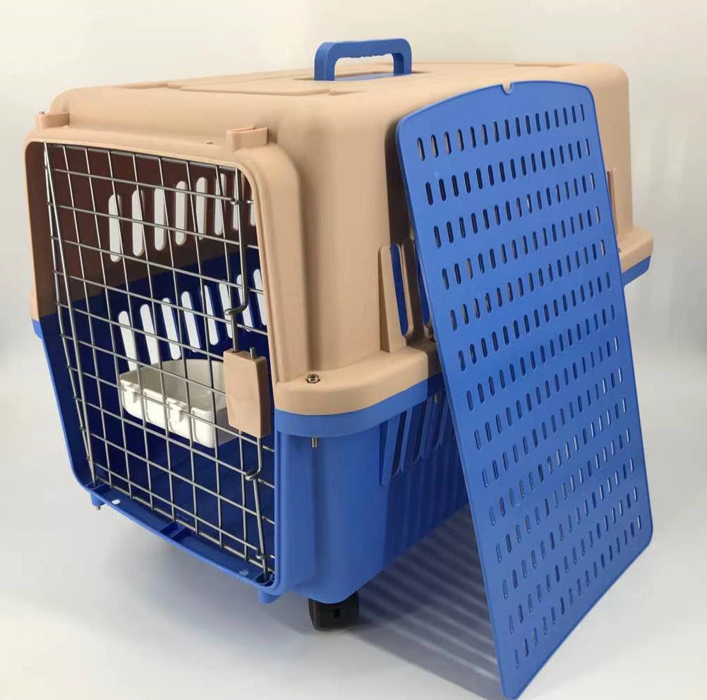 Blue Large Puppy, Cat Travel Crate, With Tray, Bowl & Wheels (check with airline)