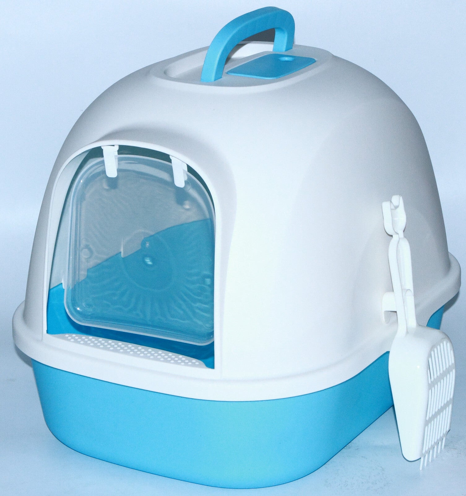 Portable Hooded Cat Toilet Litter Box, Handle and Scoop, Blue